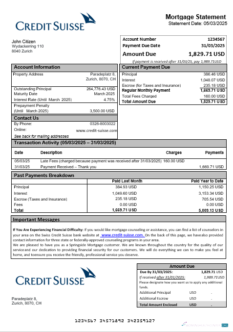 Download Swiss Credit Suisse bank mortgage statement in Word and PDF formats Photoshop template